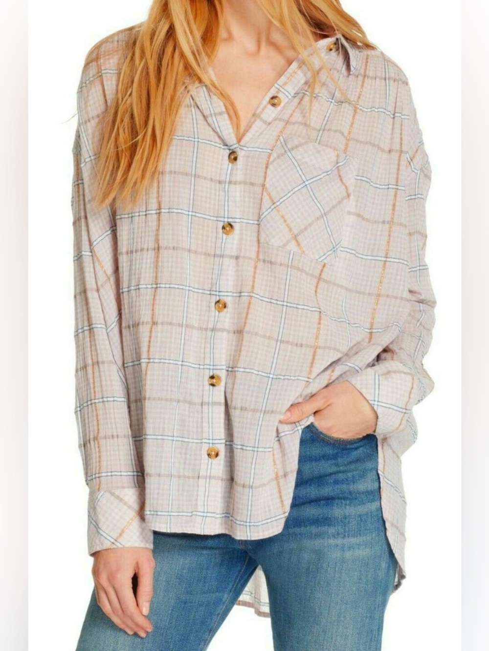 Free People Break My Stride Pink Metallic Stripe Oversized Button Down Shirt XS